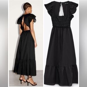 ZARA Black Cutwork Embroidered Broderie Feminine Eyelet Midi Dress Size XS